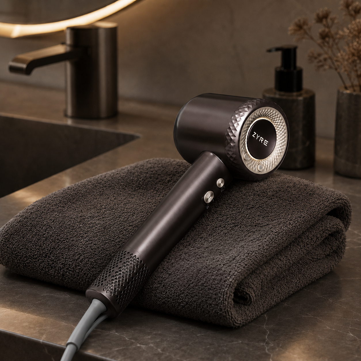 A ZYRE dryer resting on a folded towel on a bathroom counter