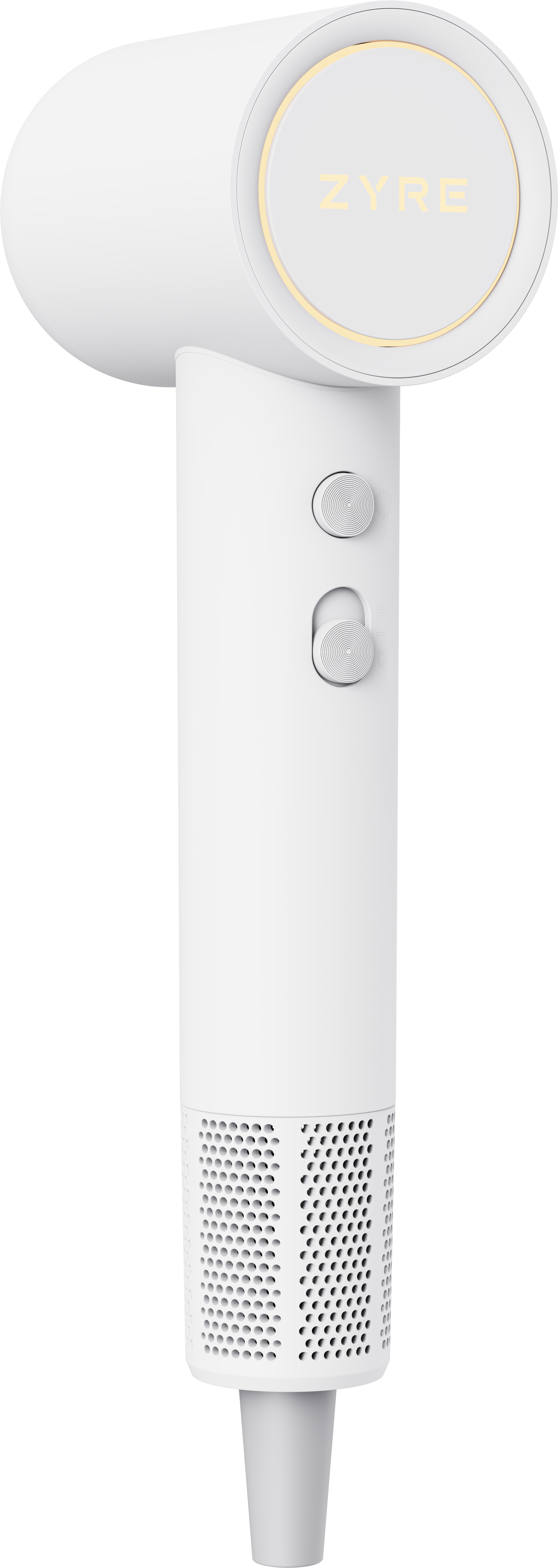 White hair dryer with visible brand logo on a white background