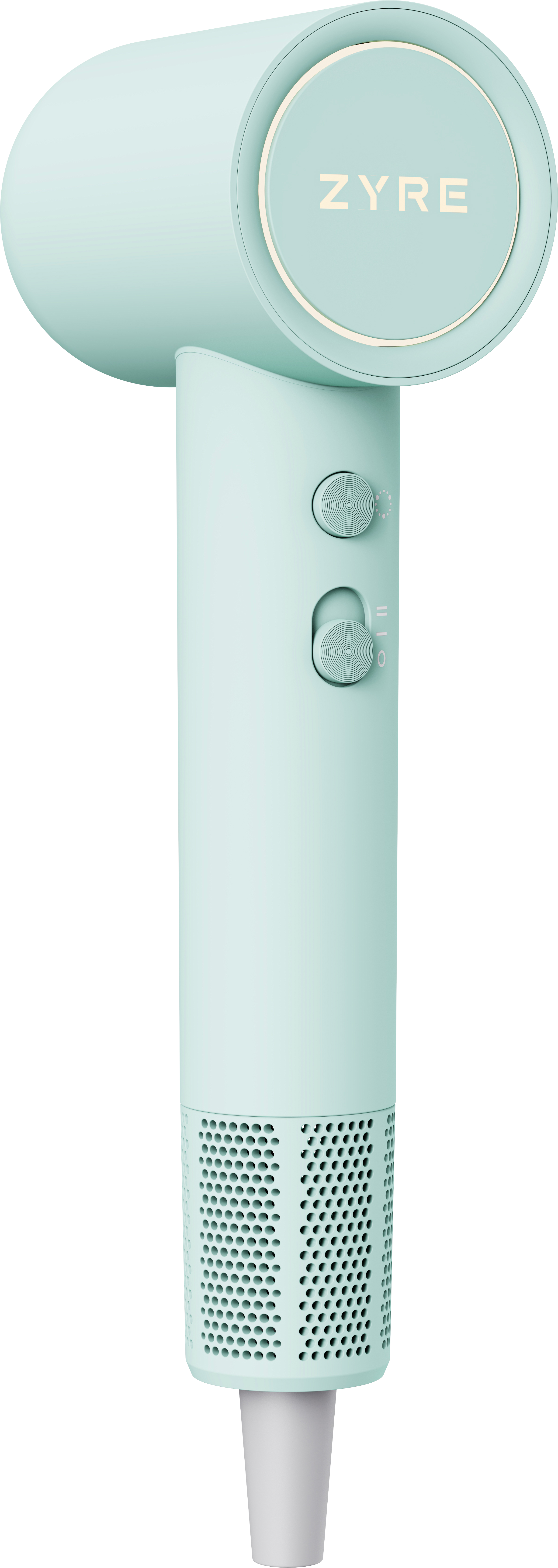 Mint green hair dryer with 'ZYRE' branding on a white background