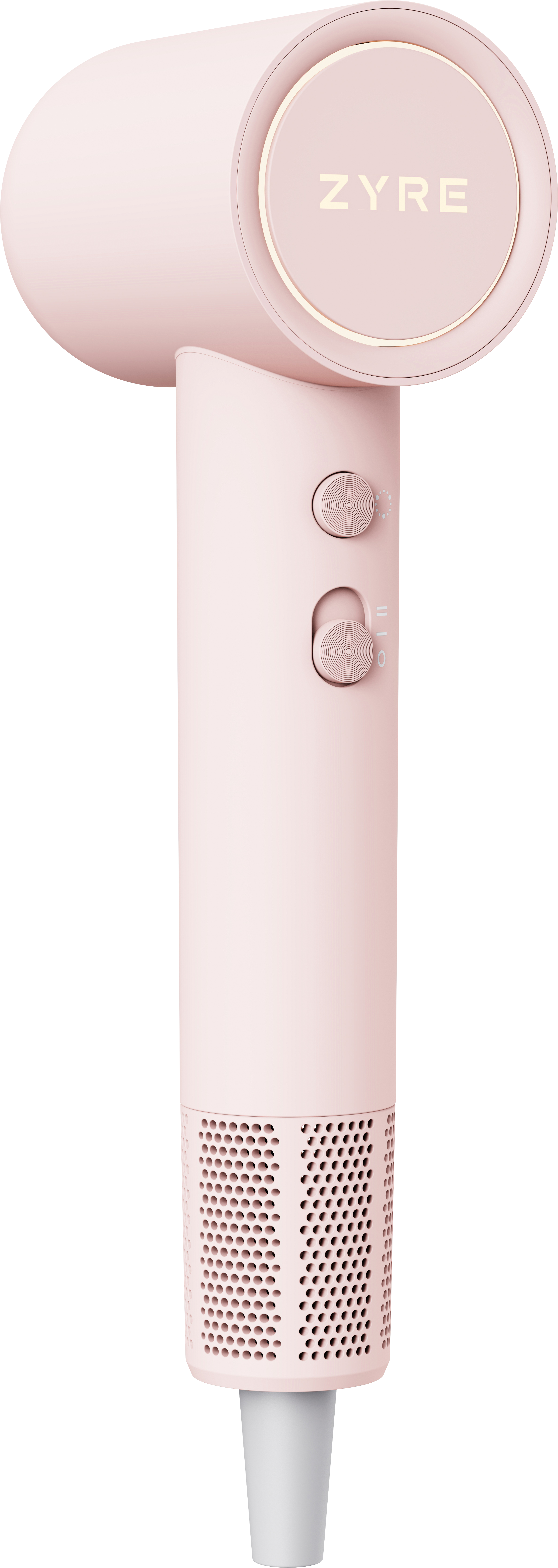 Pink hair dryer with 'ZYRE' branding on a white background