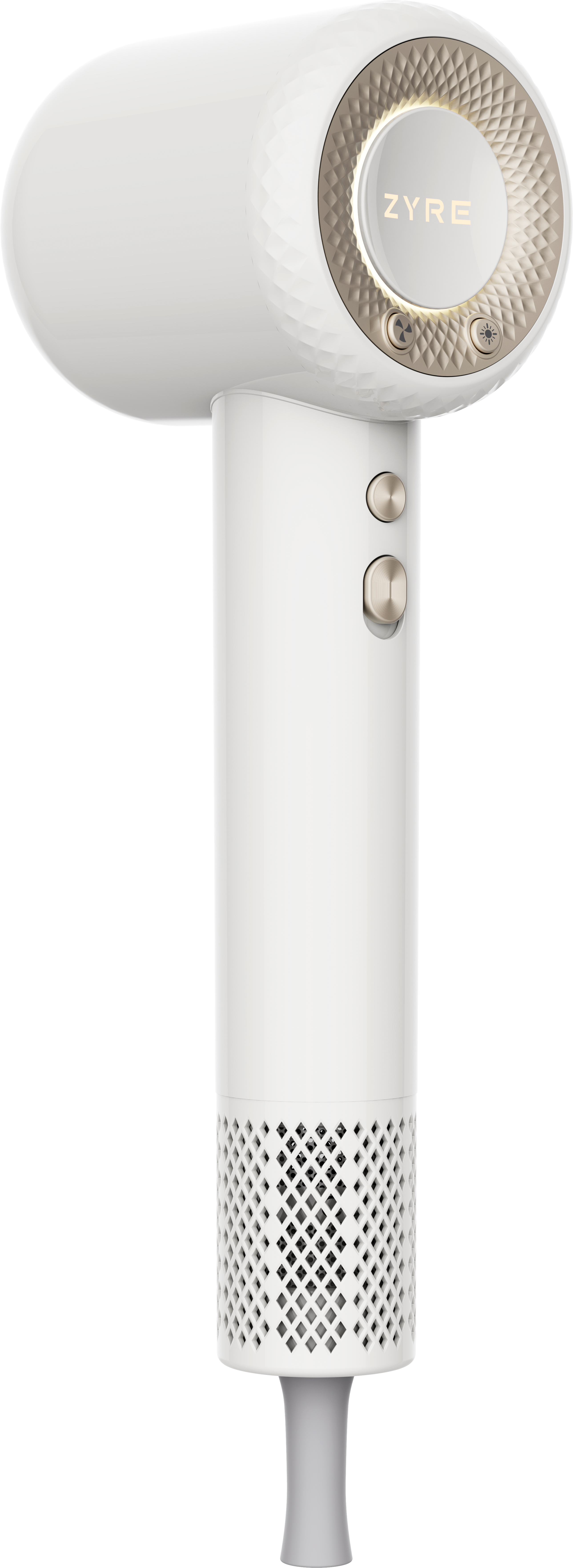 White hair dryer with brand logo on a white background