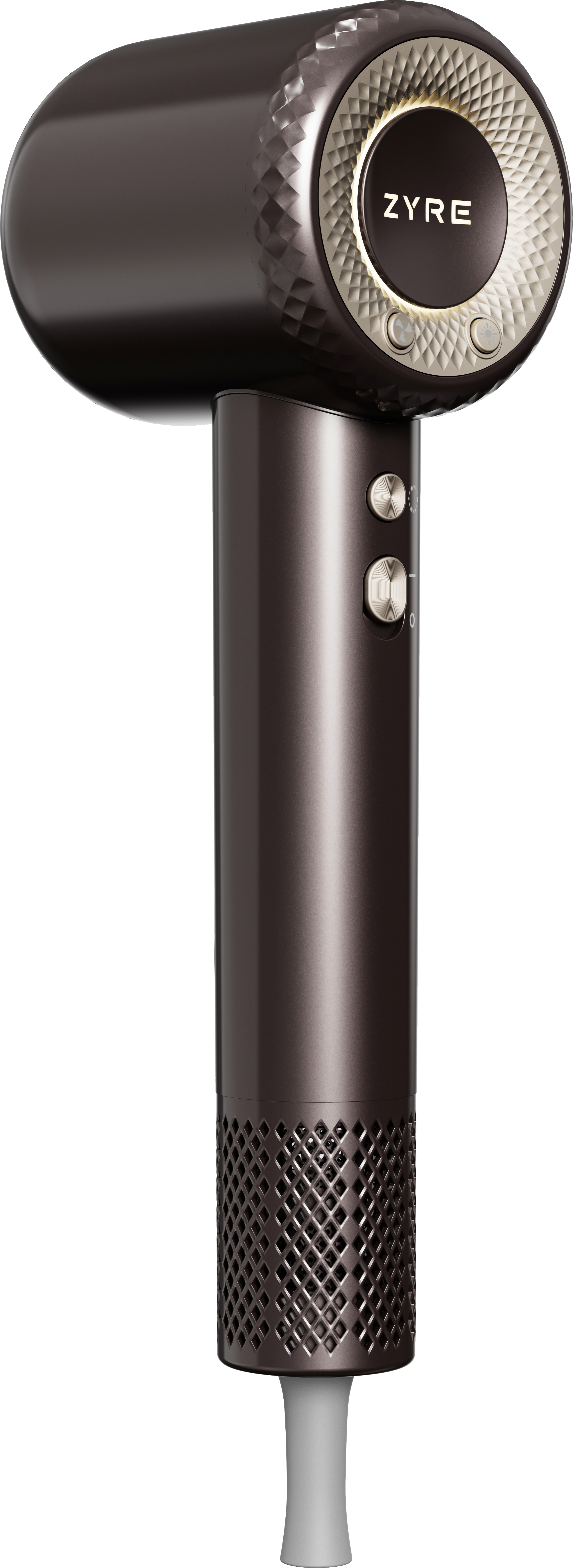 Brown hair dryer with 'ZYRE' branding on a transparent background