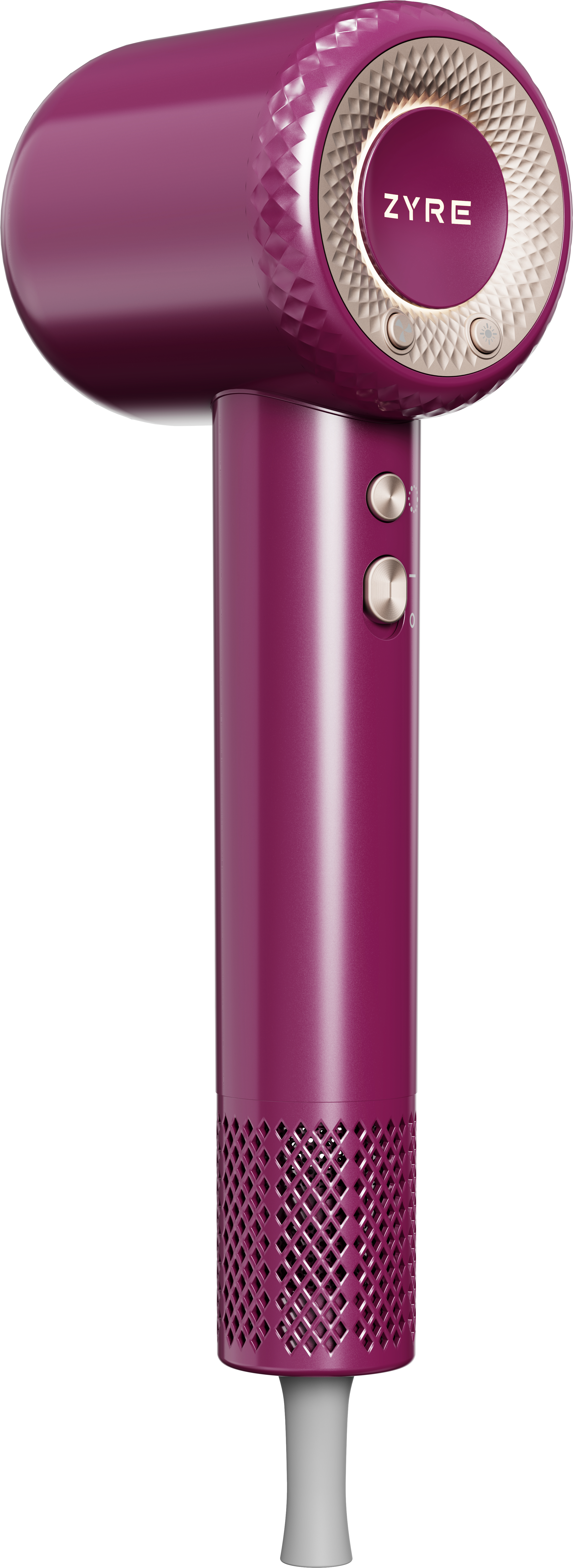 Purple hair dryer with 'ZYRE' branding on a white background